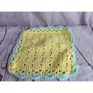 Crocheted Yellow Mint Green Baby Doll Blanket About 11x11in Handmade?